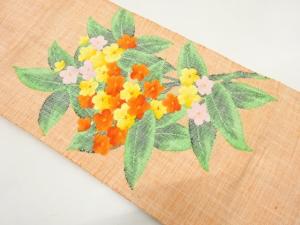 手織り真綿紬　枝花模様織り出し　名古屋帯